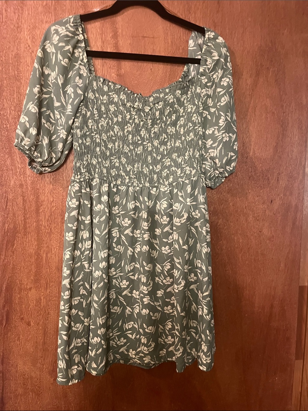 Trixxi Sage Green Floral Smocked Square-Neck Mini Dress